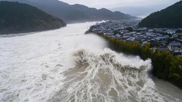 giant wave crashing over coastal village, showcasing nature power photo