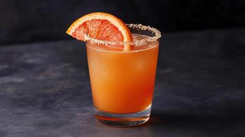 A glass of orange juice with a slice of orange photo