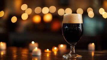 glass of dark stout beer with creamy head, illuminated by warm candlelight photo