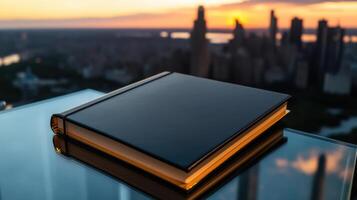 A book on a glass table with a city in the background photo