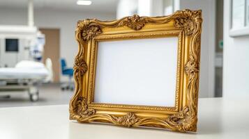 golden ornate frame with pure white interior placed in modern setting photo