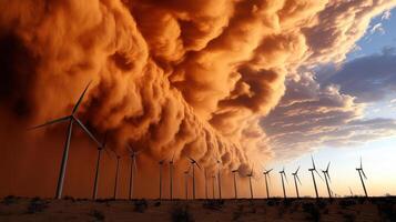 A large cloud of dust is seen behind wind turbines photo