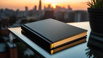 A book on a glass table with cityscape in the background photo