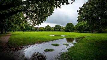 A park with a puddle in the middle of it photo