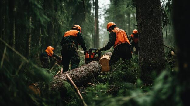 Forestry workers cutting down a tree in the forest photo