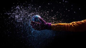 A person in a glove is holding a soccer ball photo