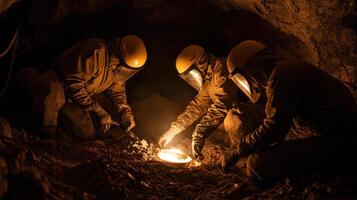 Miners in protective suits working in dimly lit cave, extracting minerals photo