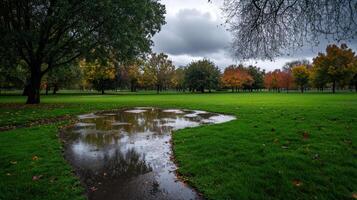 green park with puddles on ground after rain, showcasing autumn colors photo