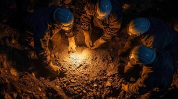 Miners in protective suits working together to extract minerals underground photo