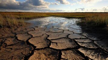 Dried cracked earth in barren landscape under cloudy sky photo
