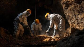 Miners in protective suits working in dark cave, extracting minerals photo