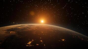 stunning view of Earth from space, showcasing sun rising over horizon photo