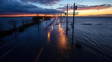 flooded highway at sunset with submerged streetlights and rising seawater photo