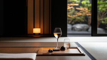 serene Japanese style setting featuring sake and glass of plum wine photo