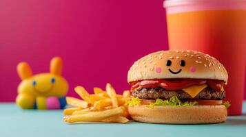 A hamburger and fries next to a drink photo