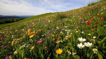 Vibrant hillside covered in colorful spring wildflowers, creating picturesque landscape photo