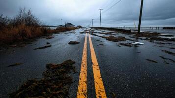 deserted road covered in seaweed, leading to ocean under cloudy sky photo