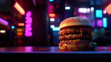A hamburger with neon lights on it photo