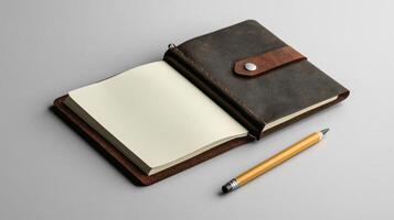 leather journal with blank pages and pencil beside it, perfect for notes photo