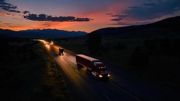 A truck driving down a highway at sunset photo