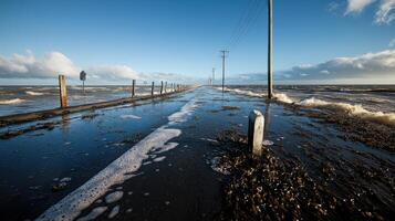 flooded highway disappearing into ocean, showcasing rising water levels photo