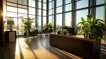 Modern office with large windows and plants photo