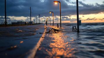 flooded highway at sunset with submerged streetlights and water reflections photo