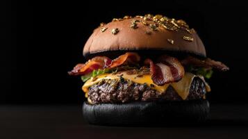 A hamburger with bacon and cheese on top photo