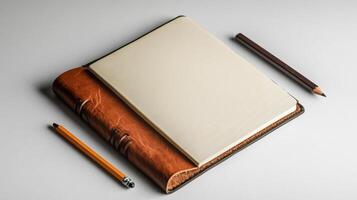 A notebook, pencil and pen on a white background photo