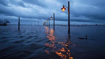 flooded highway with submerged streetlights reflecting in water photo