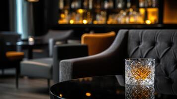 high end whiskey cocktail served in crystal glass, showcasing elegance and sophistication photo