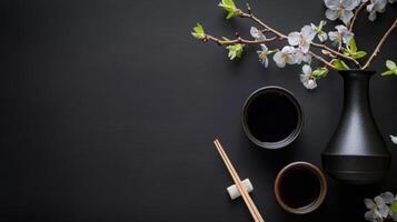 serene Japanese style setting with sake, chopsticks, and cherry blossoms photo