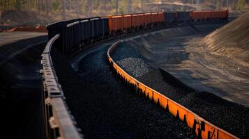 Coal trains transport fossil fuels along curved track, showcasing industrial transport photo