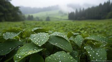 Raindrops on green leaves in the forest photo
