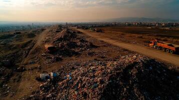 large city dump site with mountains of waste and trucks in distance photo