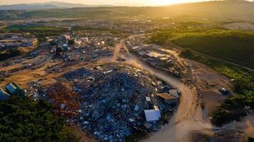 Aerial view of garbage dump at sunset in thailand photo