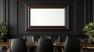 Black walls, wooden table and chairs in a conference room photo