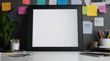 A blank frame sits on a desk with a plant and other office supplies photo