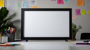 large empty frame with pure white center on desk surrounded by stationery photo