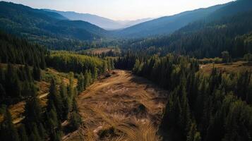 Deforested area with machinery in mountainous landscape, showcasing environmental impact photo