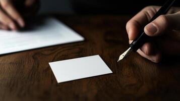 A man writing a letter with a pen on a table photo