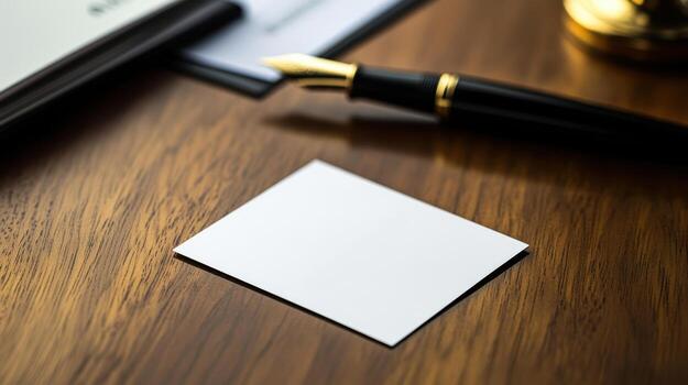 A blank card on a wooden table with a pen and a notepad photo