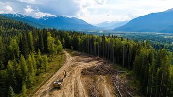 large deforested area with machinery cutting down trees in mountainous landscape photo