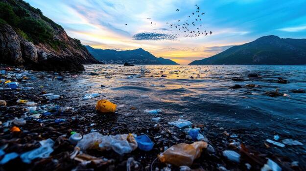large oceanic garbage patch with plastic waste on shore at sunset photo