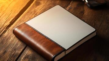 A leather book with a blank page on a wooden table photo