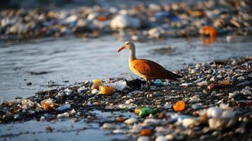 bird standing on polluted shore surrounded by plastic waste and debris photo