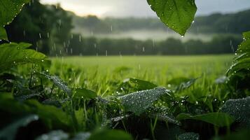 Raindrops on green grass and leaves photo