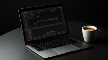 laptop displaying financial trading graph with coffee cup nearby photo