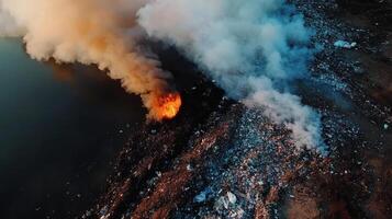 landfill emitting smoke and flames, highlighting environmental issues photo