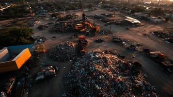 Aerial view of large landfill site filled with piles of plastic waste and debris photo